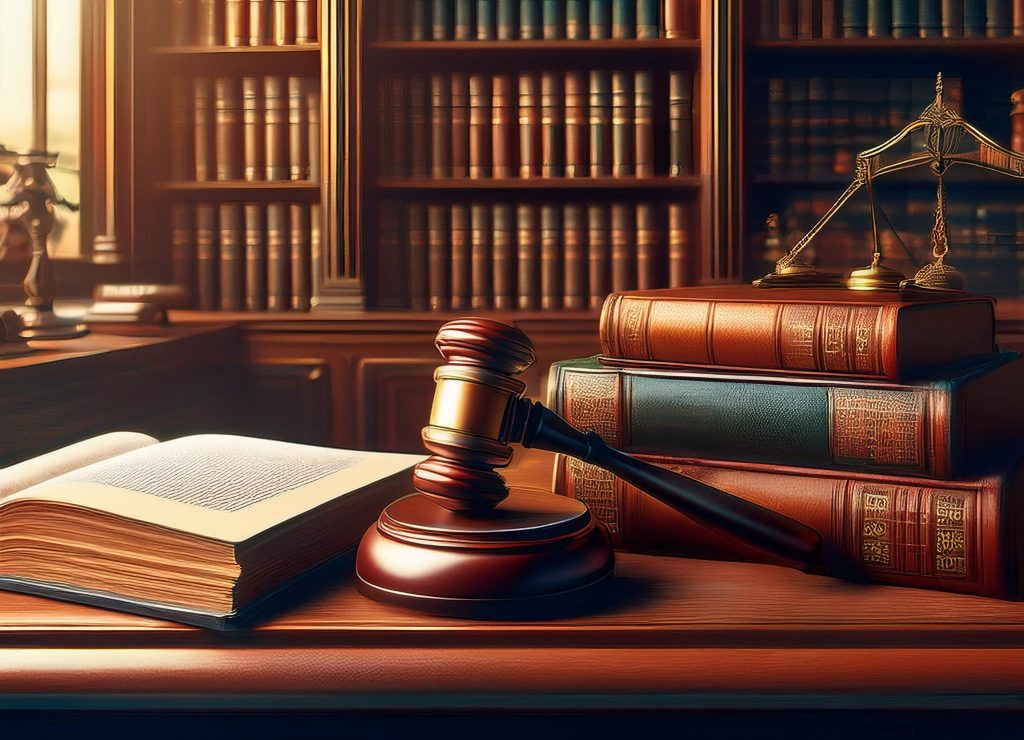 Image of law books on a desk, with a gavel and scales of justice